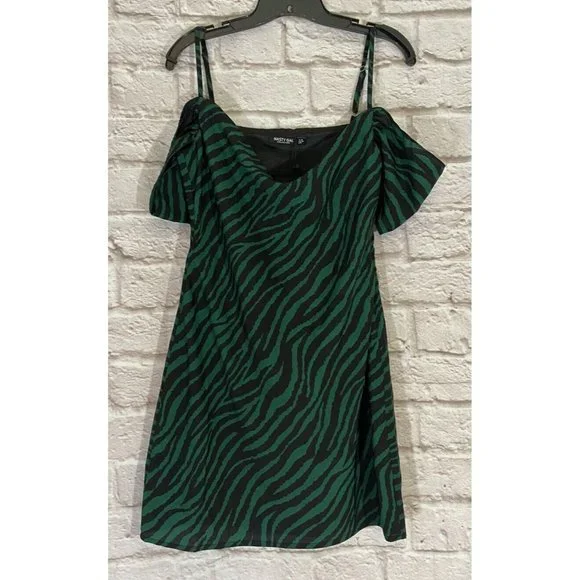 NEW Nasty Gal We'll See you Cowl Zebra Mini Dress 6 Green Black Polyester 9274 - Picture 2 of 9